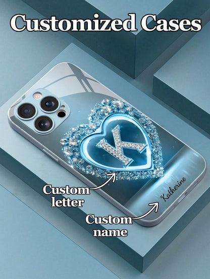 1pc Customizable 26 Letters & Name Design With Blue Rhinestone Heart Pattern Tempered Glass Phone Case, Compatible With Iphone 17 Air/16 ProMax/15 Pro/14 Plus/13 Pro/12 Pro Max/11/Xs Max/8/7/6 Plus, S