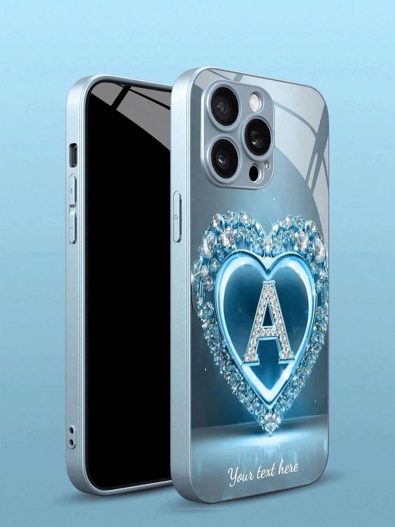 1pc Customizable 26 Letters & Name Design With Blue Rhinestone Heart Pattern Tempered Glass Phone Case, Compatible With Iphone 17 Air/16 ProMax/15 Pro/14 Plus/13 Pro/12 Pro Max/11/Xs Max/8/7/6 Plus, S