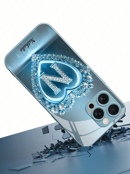 1pc Customizable 26 Letters & Name Design With Blue Rhinestone Heart Pattern Tempered Glass Phone Case, Compatible With Iphone 17 Air/16 ProMax/15 Pro/14 Plus/13 Pro/12 Pro Max/11/Xs Max/8/7/6 Plus, S