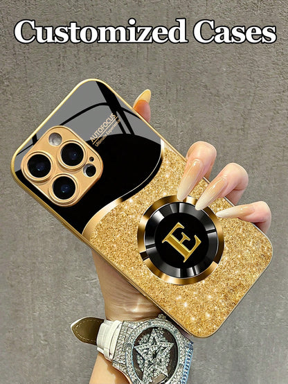 1pc Customizable 26 Letters & Name Design With Blue Rhinestone Heart Pattern Tempered Glass Phone Case, Compatible With Iphone 17 Air/16 ProMax/15 Pro/14 Plus/13 Pro/12 Pro Max/11/Xs Max/8/7/6 Plus, S