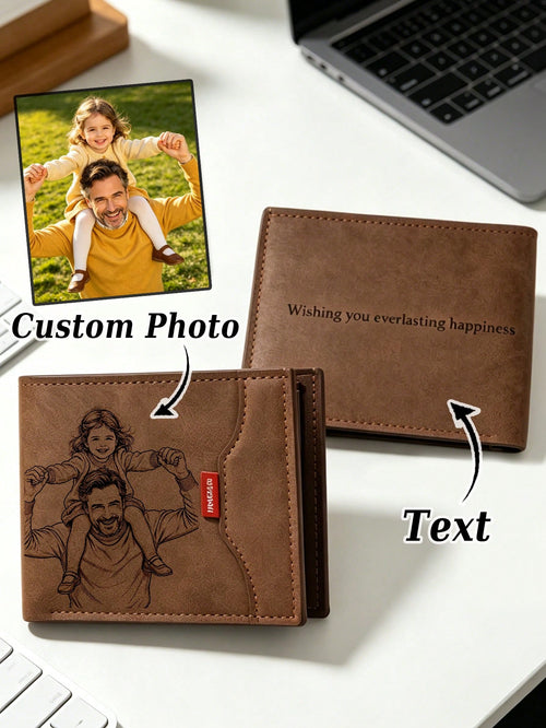 1pc Customizable Photo Leather Wallet, Men's Wallet, Gift For Him, Dad Birthday Gift, Personalized Father's Day Gift, Short Wallet, Suitable For Anniversary, Graduation, Wedding, Daily Use