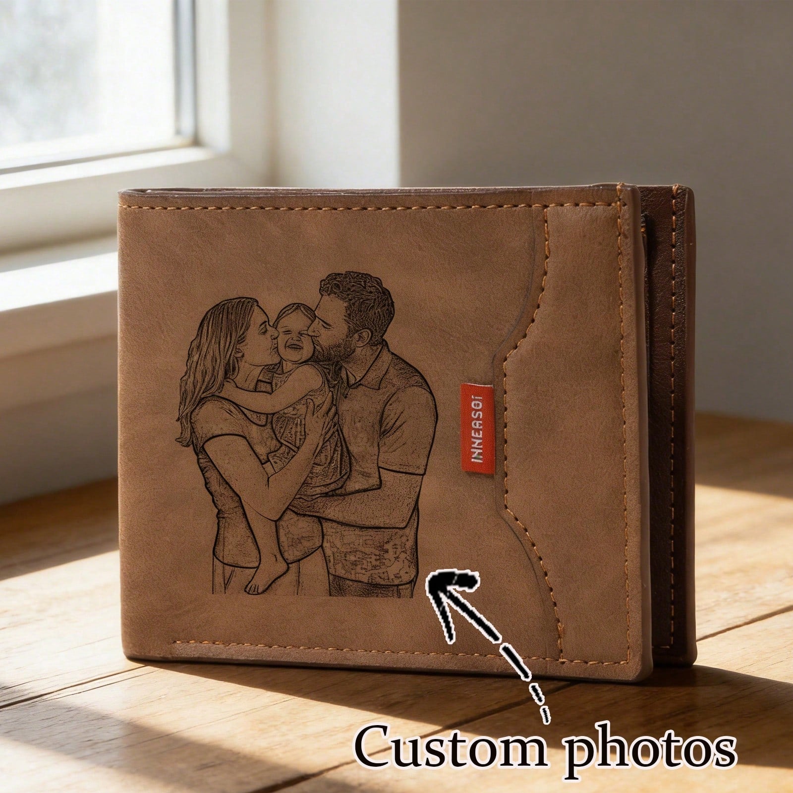1pc Customizable Photo Leather Wallet, Men's Wallet, Gift For Him, Dad Birthday Gift, Personalized Father's Day Gift, Short Wallet, Suitable For Anniversary, Graduation, Wedding, Daily Use