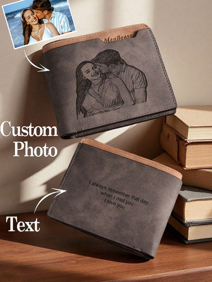 1pc Customizable Photo Leather Wallet, Men's Wallet, Gift For Him, Dad Birthday Gift, Personalized Father's Day Gift, Short Wallet, Suitable For Anniversary, Graduation, Wedding, Daily Use