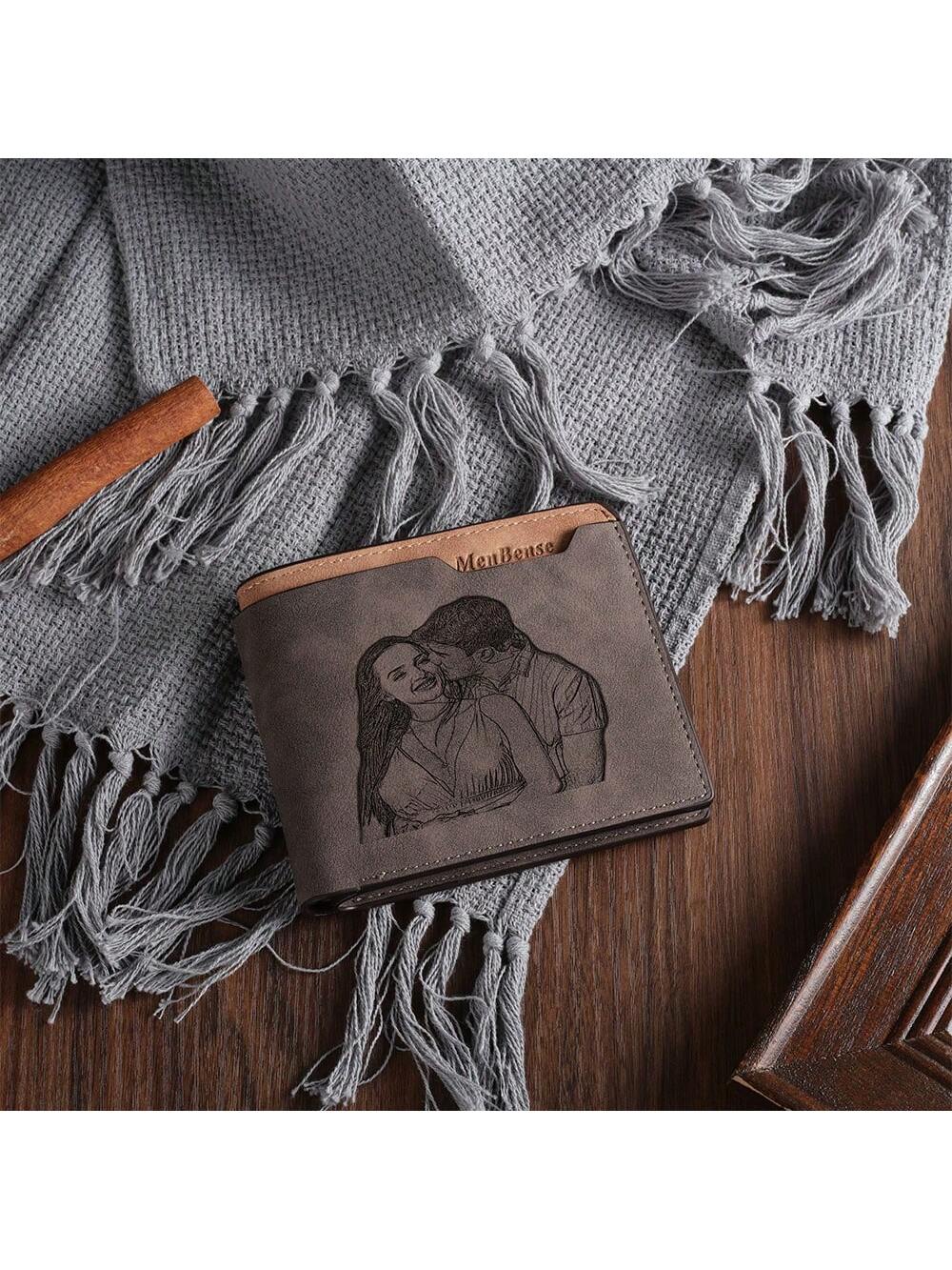 1pc Customizable Photo Leather Wallet, Men's Wallet, Gift For Him, Dad Birthday Gift, Personalized Father's Day Gift, Short Wallet, Suitable For Anniversary, Graduation, Wedding, Daily Use