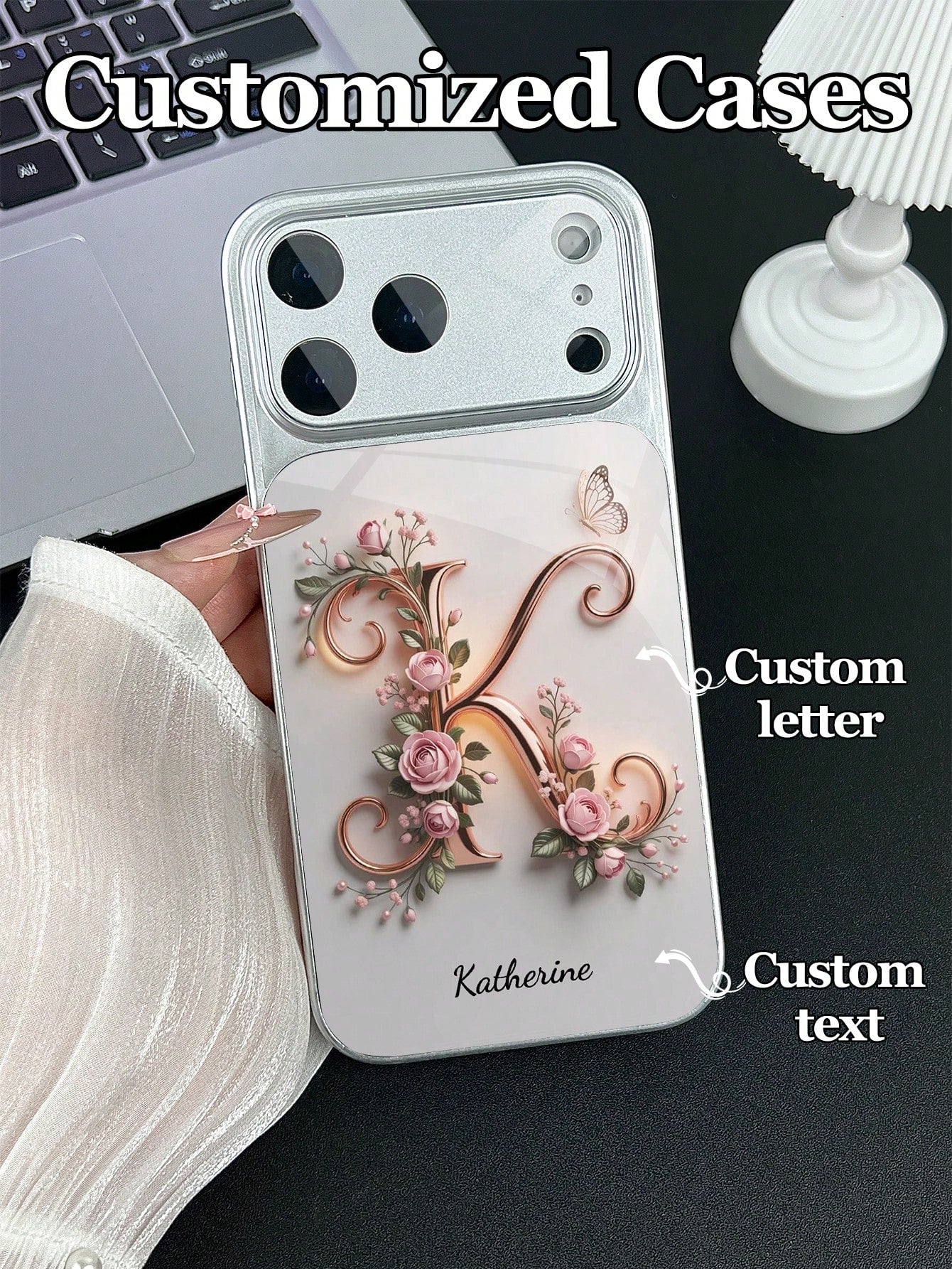 1pc Customizable Text & Letter Design With Pink Rose, Butterfly & Floral Decor, Tempered Glass Material Phone Case Suitable For IPhone 17 ProMax/17 Air/15/16 Pro/14 Plus/13 Pro/12 Pro Max/11, Tempered