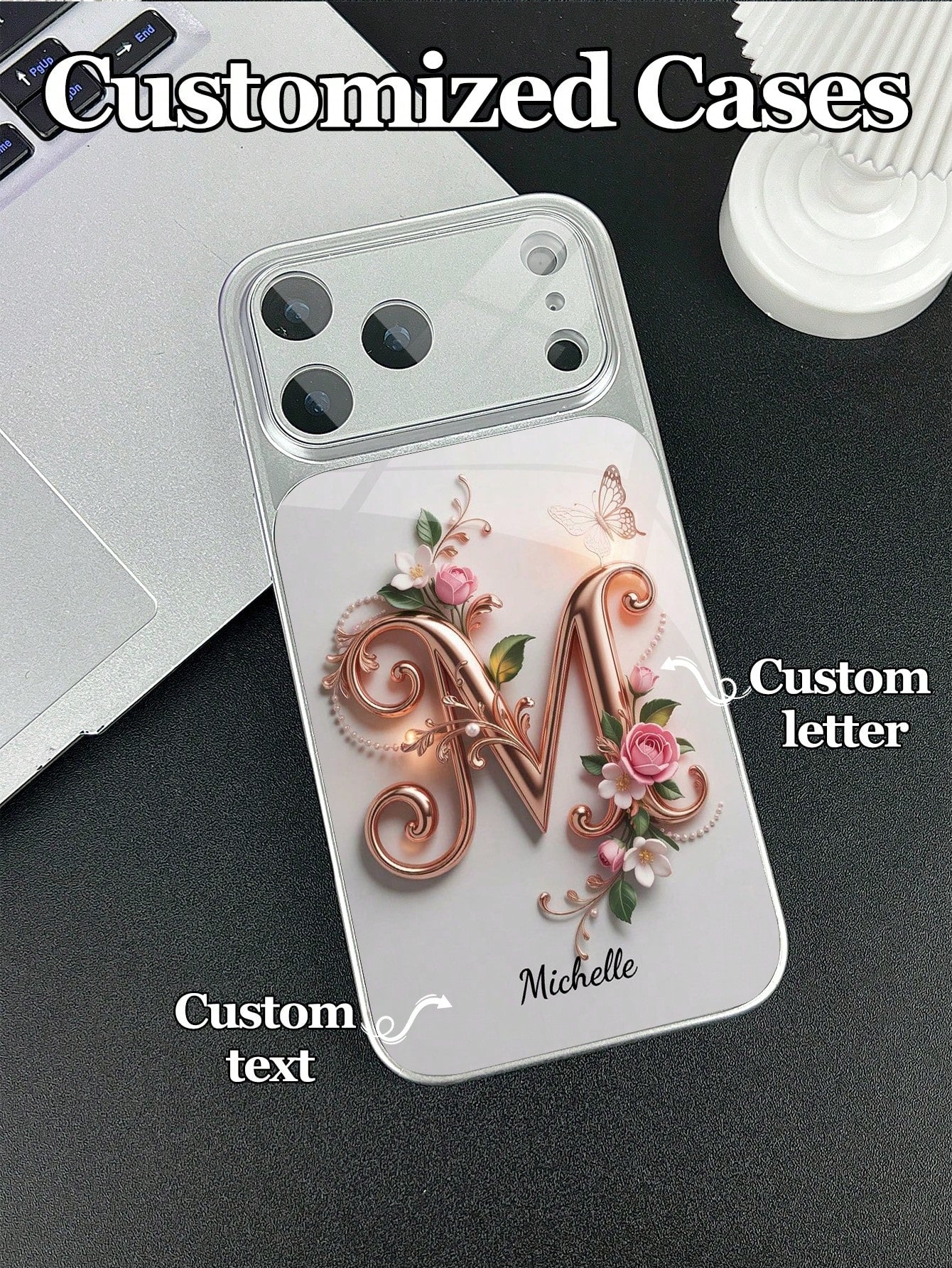 1pc Customizable Text & Letter Design With Pink Rose, Butterfly & Floral Decor, Tempered Glass Material Phone Case Suitable For IPhone 17 ProMax/17 Air/15/16 Pro/14 Plus/13 Pro/12 Pro Max/11, Tempered