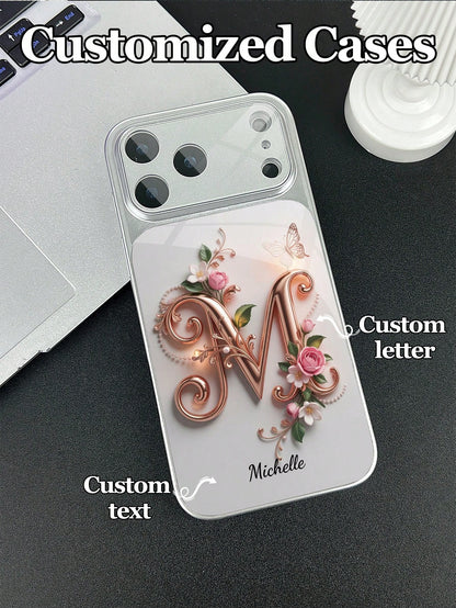 1pc Customizable Text & Letter Design With Pink Rose, Butterfly & Floral Decor, Tempered Glass Material Phone Case Suitable For IPhone 17 ProMax/17 Air/15/16 Pro/14 Plus/13 Pro/12 Pro Max/11, Tempered