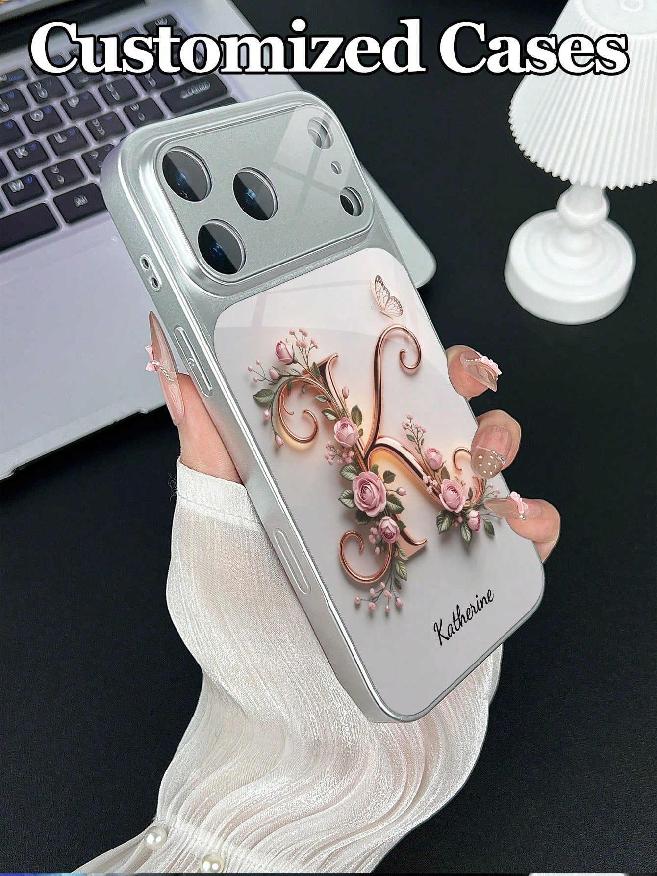 1pc Customizable Text & Letter Design With Pink Rose, Butterfly & Floral Decor, Tempered Glass Material Phone Case Suitable For IPhone 17 ProMax/17 Air/15/16 Pro/14 Plus/13 Pro/12 Pro Max/11, Tempered