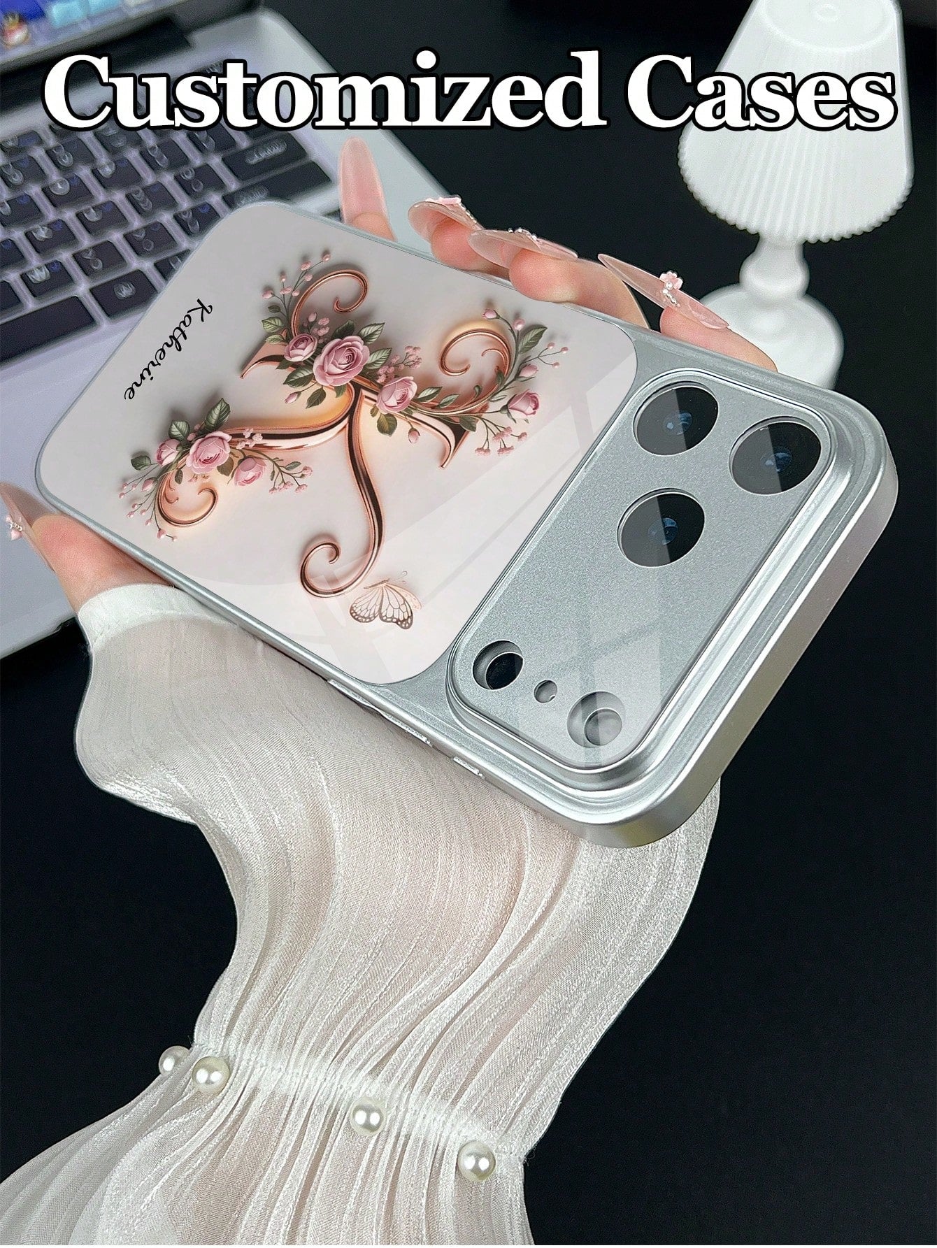 1pc Customizable Text & Letter Design With Pink Rose, Butterfly & Floral Decor, Tempered Glass Material Phone Case Suitable For IPhone 17 ProMax/17 Air/15/16 Pro/14 Plus/13 Pro/12 Pro Max/11, Tempered