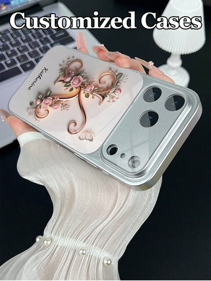 1pc Customizable Text & Letter Design With Pink Rose, Butterfly & Floral Decor, Tempered Glass Material Phone Case Suitable For IPhone 17 ProMax/17 Air/15/16 Pro/14 Plus/13 Pro/12 Pro Max/11, Tempered