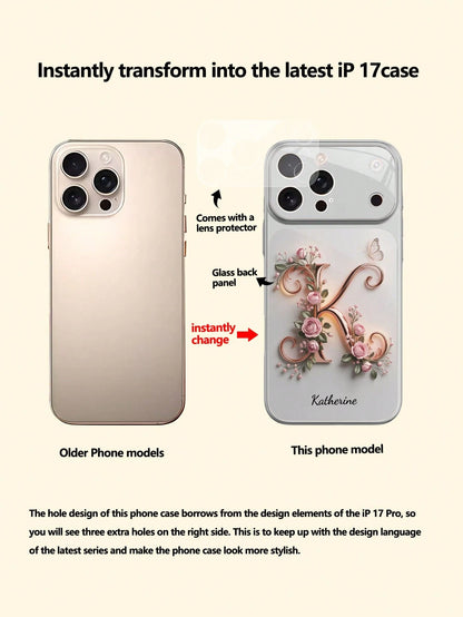 1pc Customizable Text & Letter Design With Pink Rose, Butterfly & Floral Decor, Tempered Glass Material Phone Case Suitable For IPhone 17 ProMax/17 Air/15/16 Pro/14 Plus/13 Pro/12 Pro Max/11, Tempered