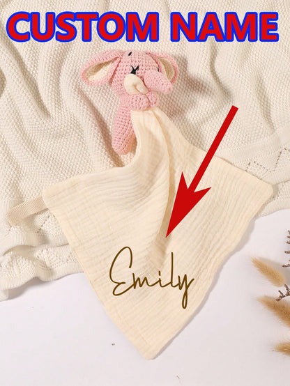 1pc Customized Embroidered Name Rabbit Face Towel/Handkerchief/Bib, Soft Baby Comforter Cloth, Decoration Gift For Baby Boys And Girls, Pink/White/Khaki