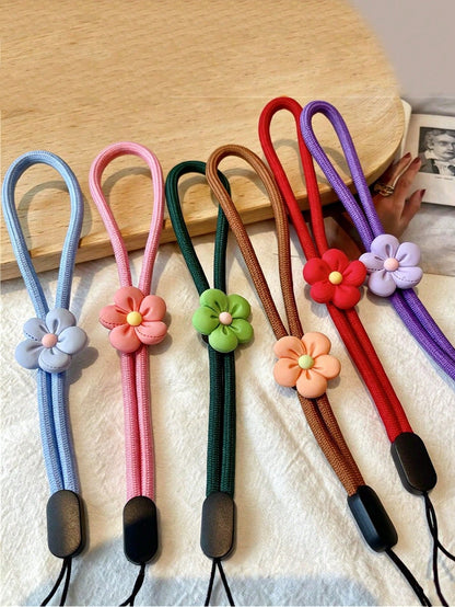 1pc Cute 3D Flower Phone Lanyard Wrist Strap Anti-Lost Phone Rope Macaron Color Soft Braided Wristband USB Drive Key Wrist Rope Pendant