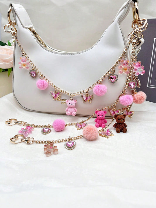 1pc Cute Bear Bag Charm, Niche Design Fashion Furball Decoration For Women's Bags, Exquisite Rhinestone Butterfly & Heart Pendant, Transparent Bear Texture Chain Pendant, Casual Style Travel Luggage C
