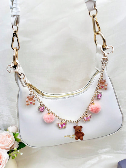 1pc Cute Bear Bag Charm, Niche Design Fashion Furball Decoration For Women's Bags, Exquisite Rhinestone Butterfly & Heart Pendant, Transparent Bear Texture Chain Pendant, Casual Style Travel Luggage C