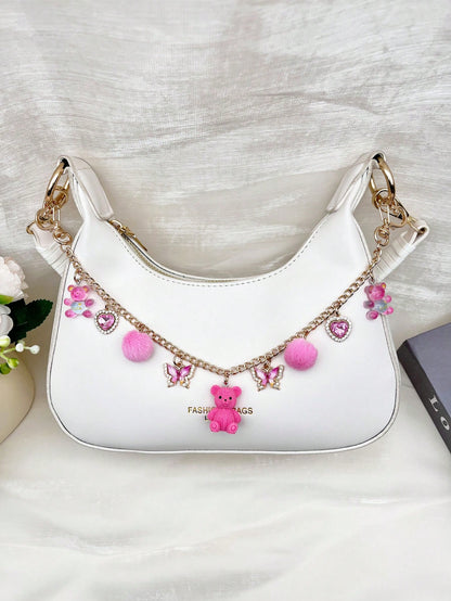1pc Cute Bear Bag Charm, Niche Design Fashion Furball Decoration For Women's Bags, Exquisite Rhinestone Butterfly & Heart Pendant, Transparent Bear Texture Chain Pendant, Casual Style Travel Luggage C