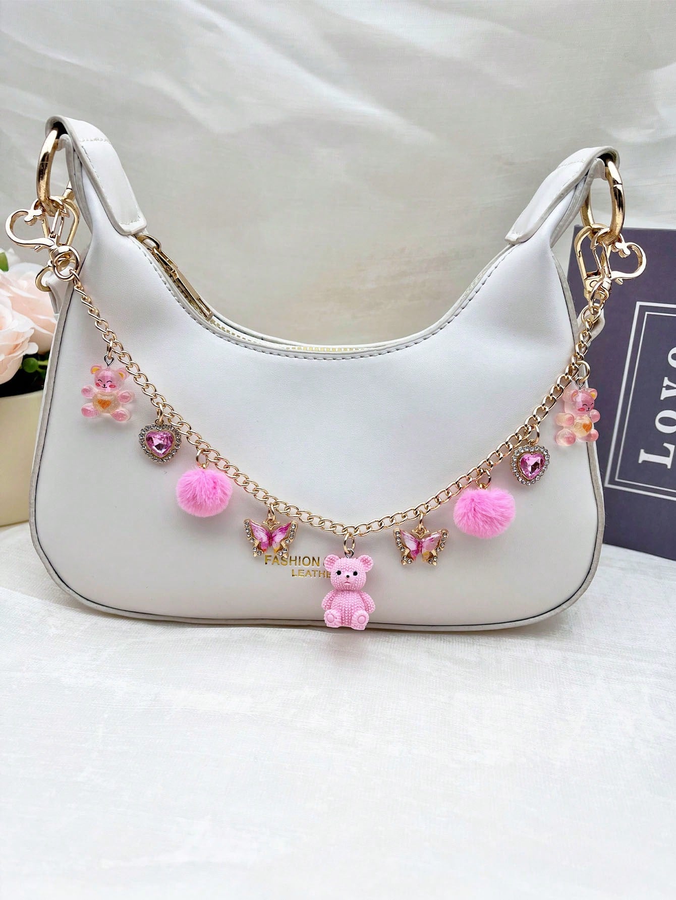 1pc Cute Bear Bag Charm, Niche Design Fashion Furball Decoration For Women's Bags, Exquisite Rhinestone Butterfly & Heart Pendant, Transparent Bear Texture Chain Pendant, Casual Style Travel Luggage C