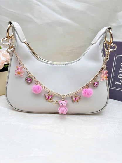 1pc Cute Bear Bag Charm, Niche Design Fashion Furball Decoration For Women's Bags, Exquisite Rhinestone Butterfly & Heart Pendant, Transparent Bear Texture Chain Pendant, Casual Style Travel Luggage C
