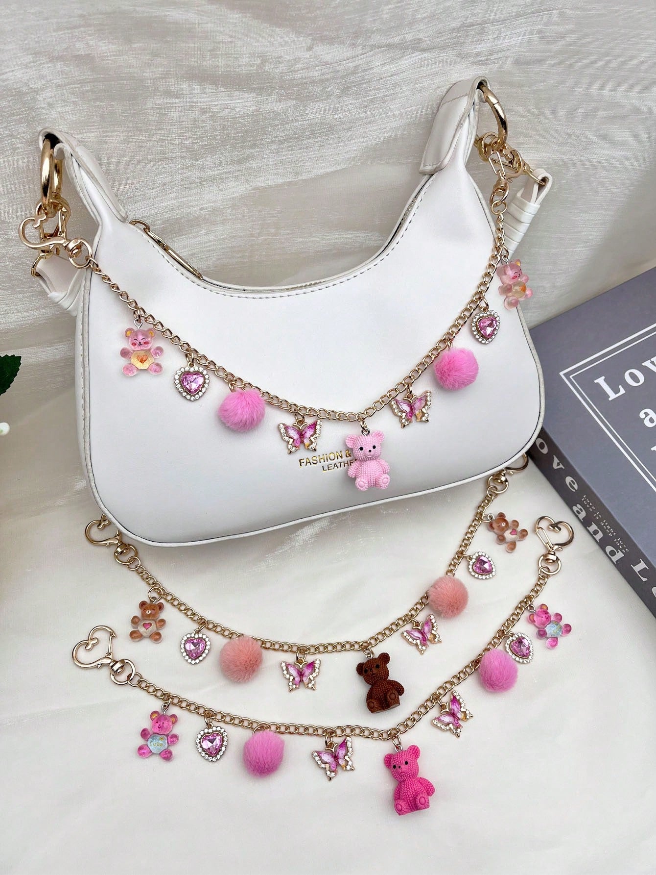 1pc Cute Bear Bag Charm, Niche Design Fashion Furball Decoration For Women's Bags, Exquisite Rhinestone Butterfly & Heart Pendant, Transparent Bear Texture Chain Pendant, Casual Style Travel Luggage C