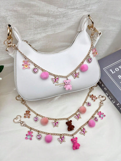 1pc Cute Bear Bag Charm, Niche Design Fashion Furball Decoration For Women's Bags, Exquisite Rhinestone Butterfly & Heart Pendant, Transparent Bear Texture Chain Pendant, Casual Style Travel Luggage C