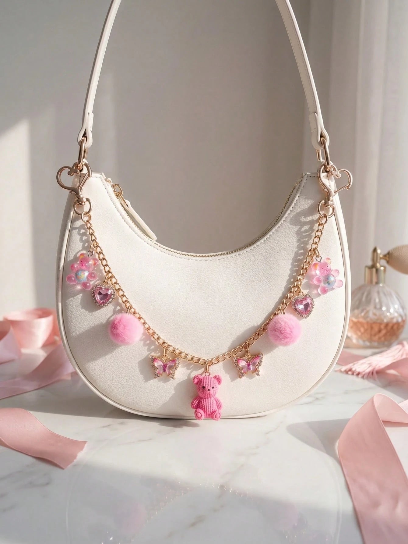 1pc Cute Bear Bag Charm, Niche Design Fashion Furball Decoration For Women's Bags, Exquisite Rhinestone Butterfly & Heart Pendant, Transparent Bear Texture Chain Pendant, Casual Style Travel Luggage C