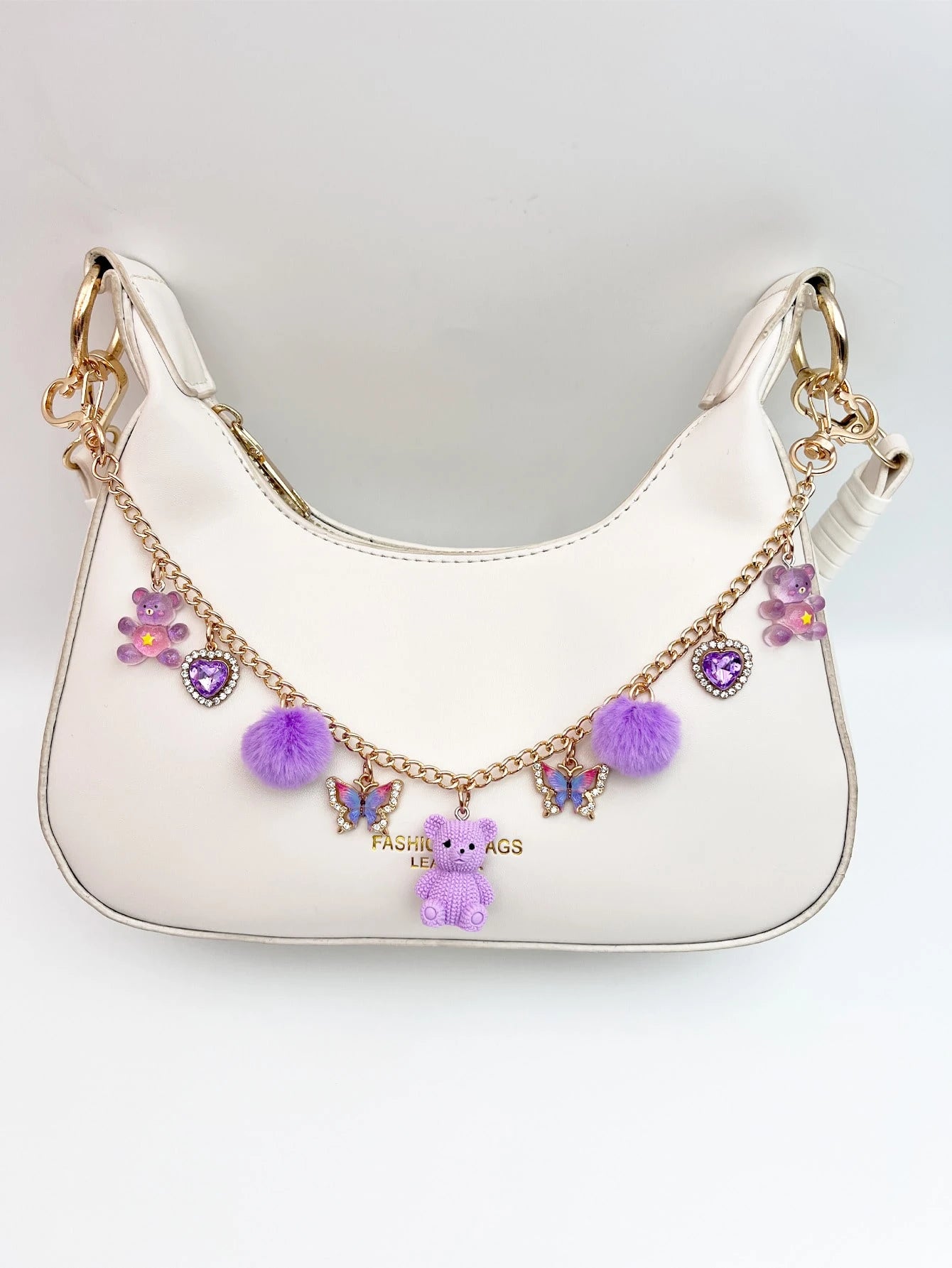 1pc Cute Bear Bag Charm, Niche Design Fashion Furball Decoration For Women's Bags, Exquisite Rhinestone Butterfly & Heart Pendant, Transparent Bear Texture Chain Pendant, Casual Style Travel Luggage C