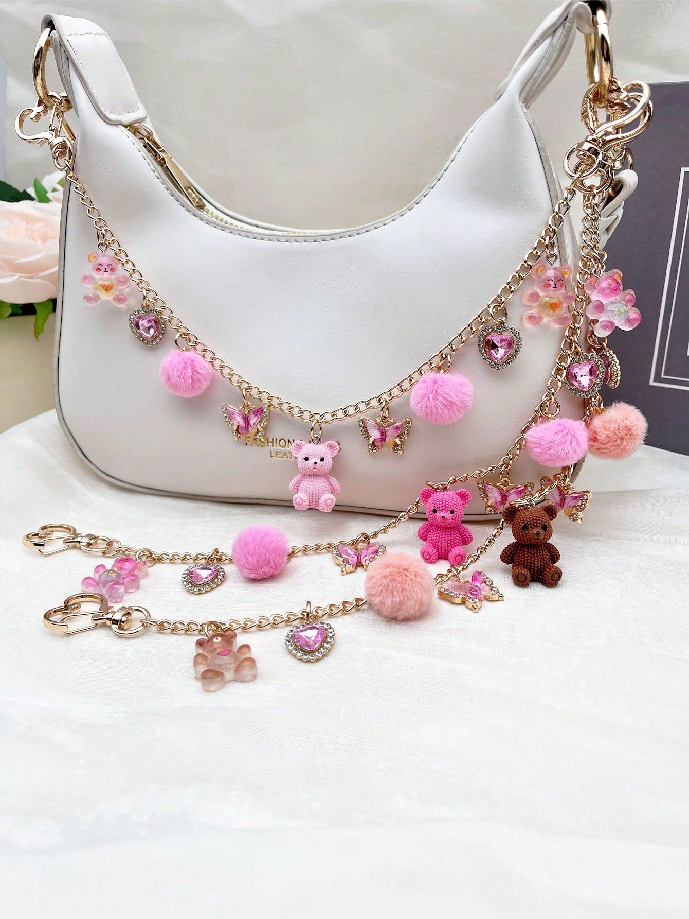1pc Cute Bear Bag Charm, Niche Design Fashion Furball Decoration For Women's Bags, Exquisite Rhinestone Butterfly & Heart Pendant, Transparent Bear Texture Chain Pendant, Casual Style Travel Luggage C