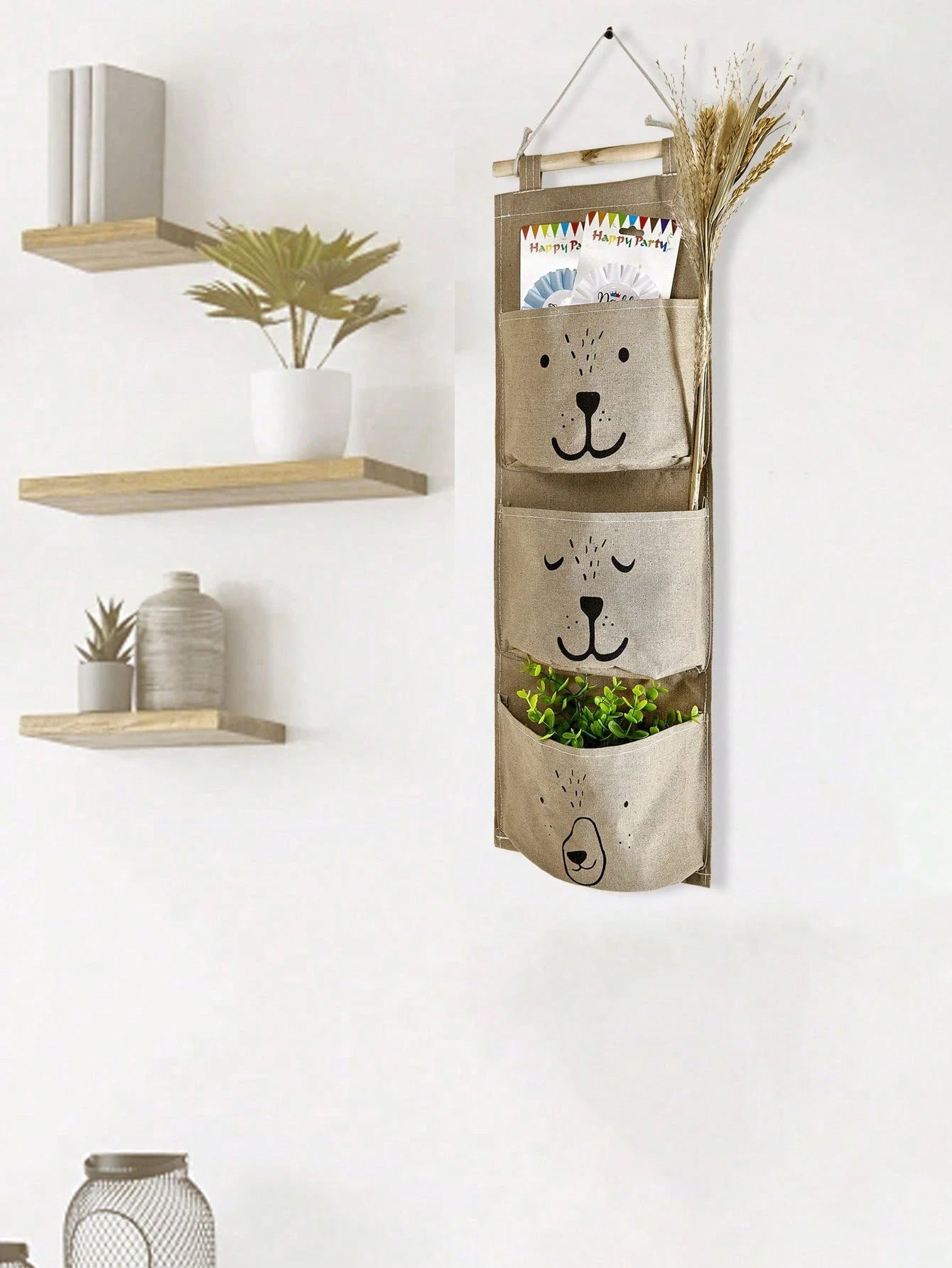1pc Cute Hanging Storage Bag With 3 Pockets In Different Smiling Bear Patterns. Hang By Bedside, Wall Or Door To Easily Store Small Items, Adding Warmth To Your Life- Hooks Not Included (Random Color