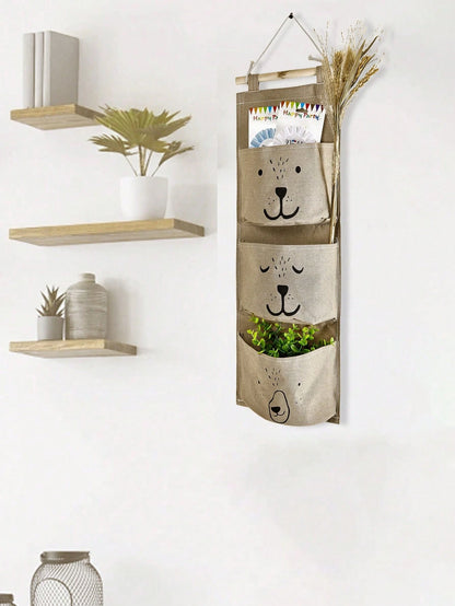 1pc Cute Hanging Storage Bag With 3 Pockets In Different Smiling Bear Patterns. Hang By Bedside, Wall Or Door To Easily Store Small Items, Adding Warmth To Your Life- Hooks Not Included (Random Color