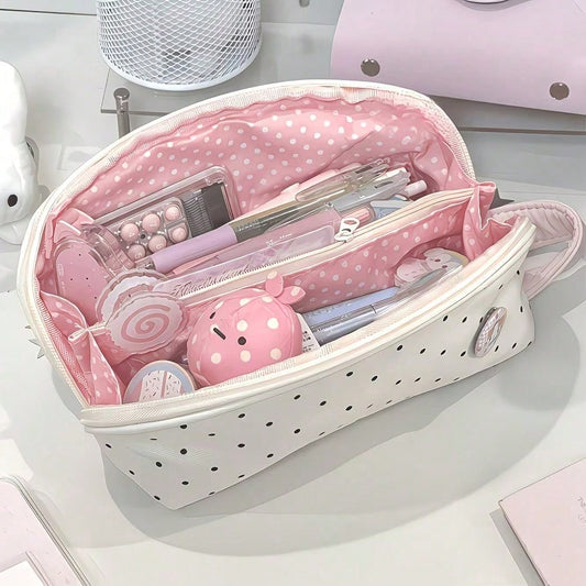 1pc Cute Multi-Layer Stationery Storage Bag, Gentle Polka Dot Design, Suitable For Students, Girl Style Pencil Case, Back To School, First Day Of School