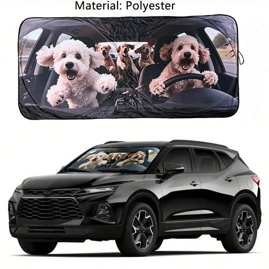 1pc Cute Puppy Car Sun Visor, Fashionable Women's Sunshade, Made Of Polyester Fiber Exterior And Black Rubber Interior, Fits Various Car Front Windshields, Provides Heat Insulation And Privacy Protect