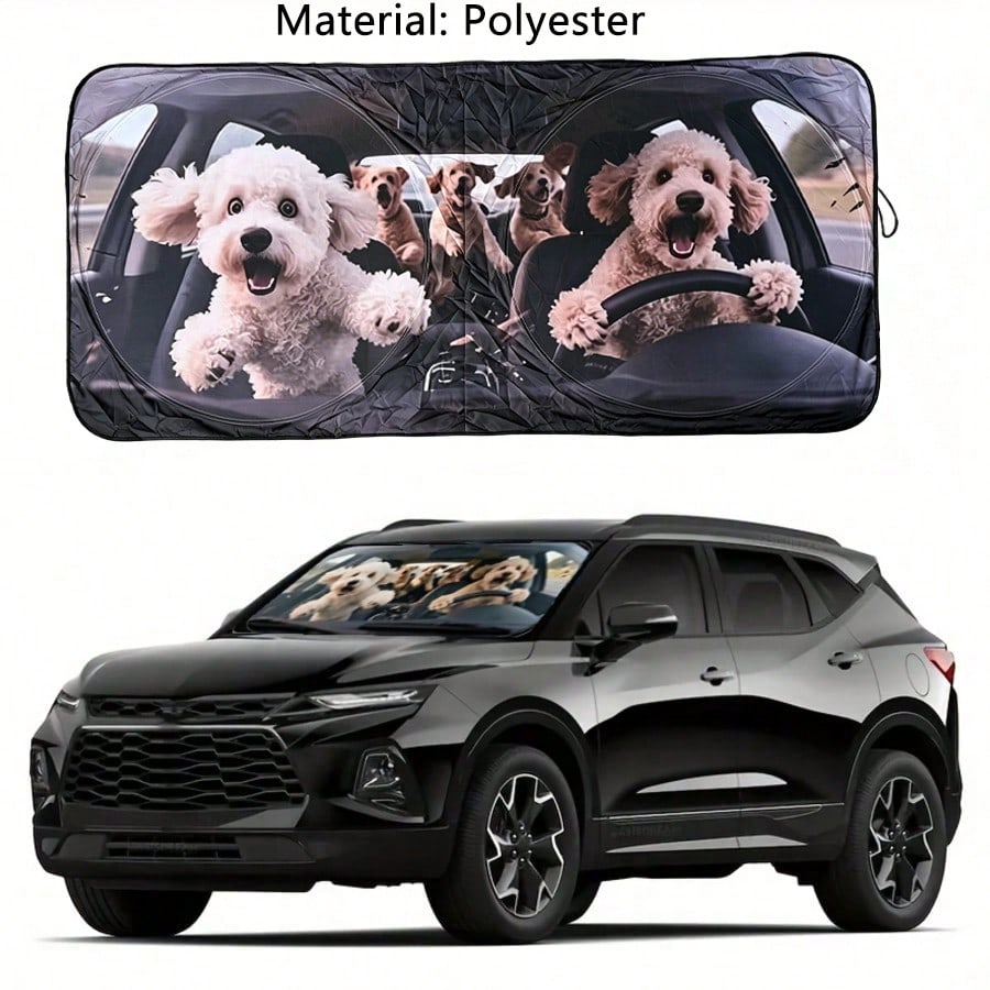 1pc Cute Puppy Car Sun Visor, Fashionable Women's Sunshade, Made Of Polyester Fiber Exterior And Black Rubber Interior, Fits Various Car Front Windshields, Provides Heat Insulation And Privacy Protect