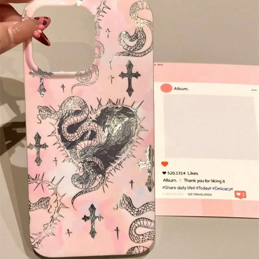 1PC Dark Style Small Snake Y2K Millennium Sweet & Spicy Thorn Pink Snake Pendant Card Holder Phone Case Compatible With Apple 15 Pro Max 16 Pro Apple Series Phone Case Protective Cover