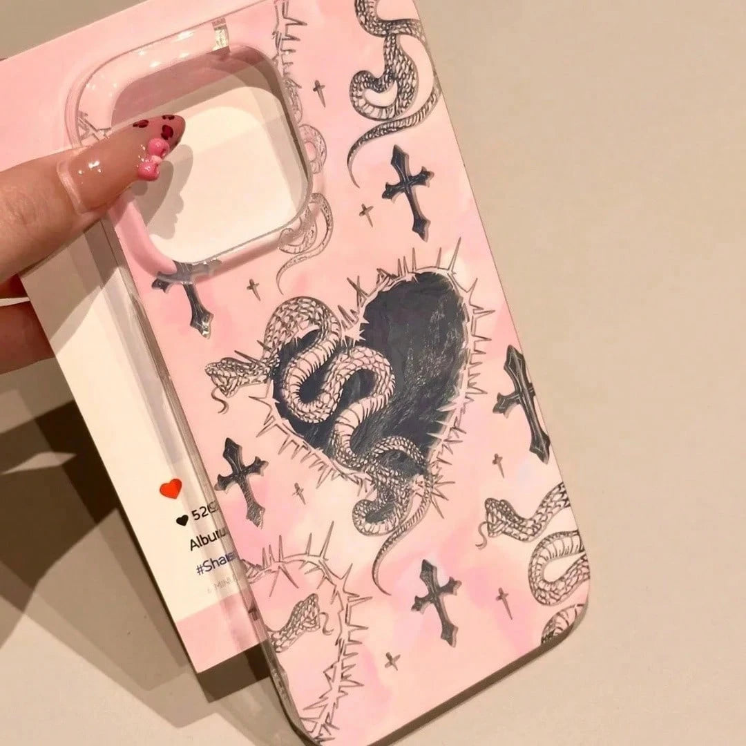 1PC Dark Style Small Snake Y2K Millennium Sweet & Spicy Thorn Pink Snake Pendant Card Holder Phone Case Compatible With Apple 15 Pro Max 16 Pro Apple Series Phone Case Protective Cover