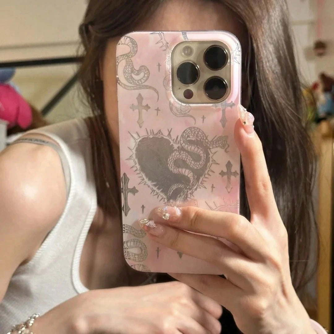 1PC Dark Style Small Snake Y2K Millennium Sweet & Spicy Thorn Pink Snake Pendant Card Holder Phone Case Compatible With Apple 15 Pro Max 16 Pro Apple Series Phone Case Protective Cover