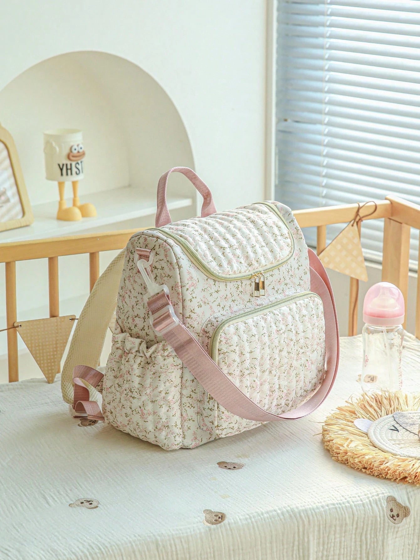 1pc Ditsy Floral Multi-Functional Large Capacity Diaper Bag Backpack, Can Be Hung On Stroller, Baby Shower Gift