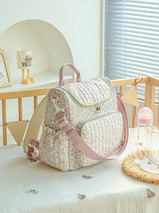1pc Ditsy Floral Multi-Functional Large Capacity Diaper Bag Backpack, Can Be Hung On Stroller, Baby Shower Gift