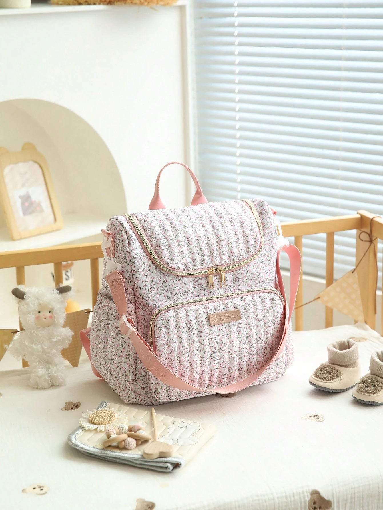 1pc Ditsy Floral Multi-Functional Large Capacity Diaper Bag Backpack, Can Be Hung On Stroller, Baby Shower Gift