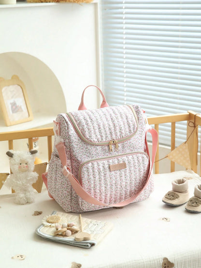 1pc Ditsy Floral Multi-Functional Large Capacity Diaper Bag Backpack, Can Be Hung On Stroller, Baby Shower Gift