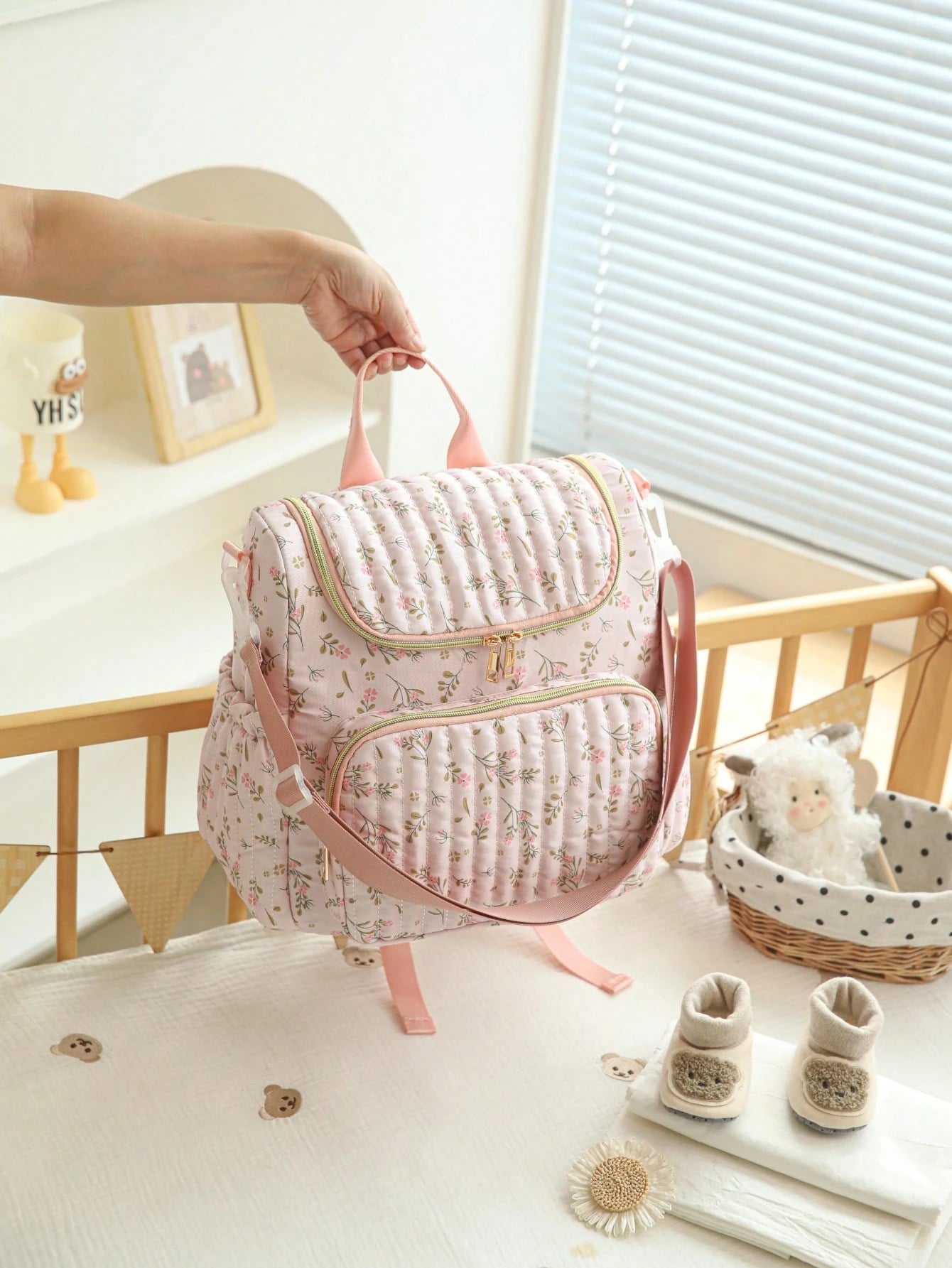 1pc Ditsy Floral Multi-Functional Large Capacity Diaper Bag Backpack, Can Be Hung On Stroller, Baby Shower Gift