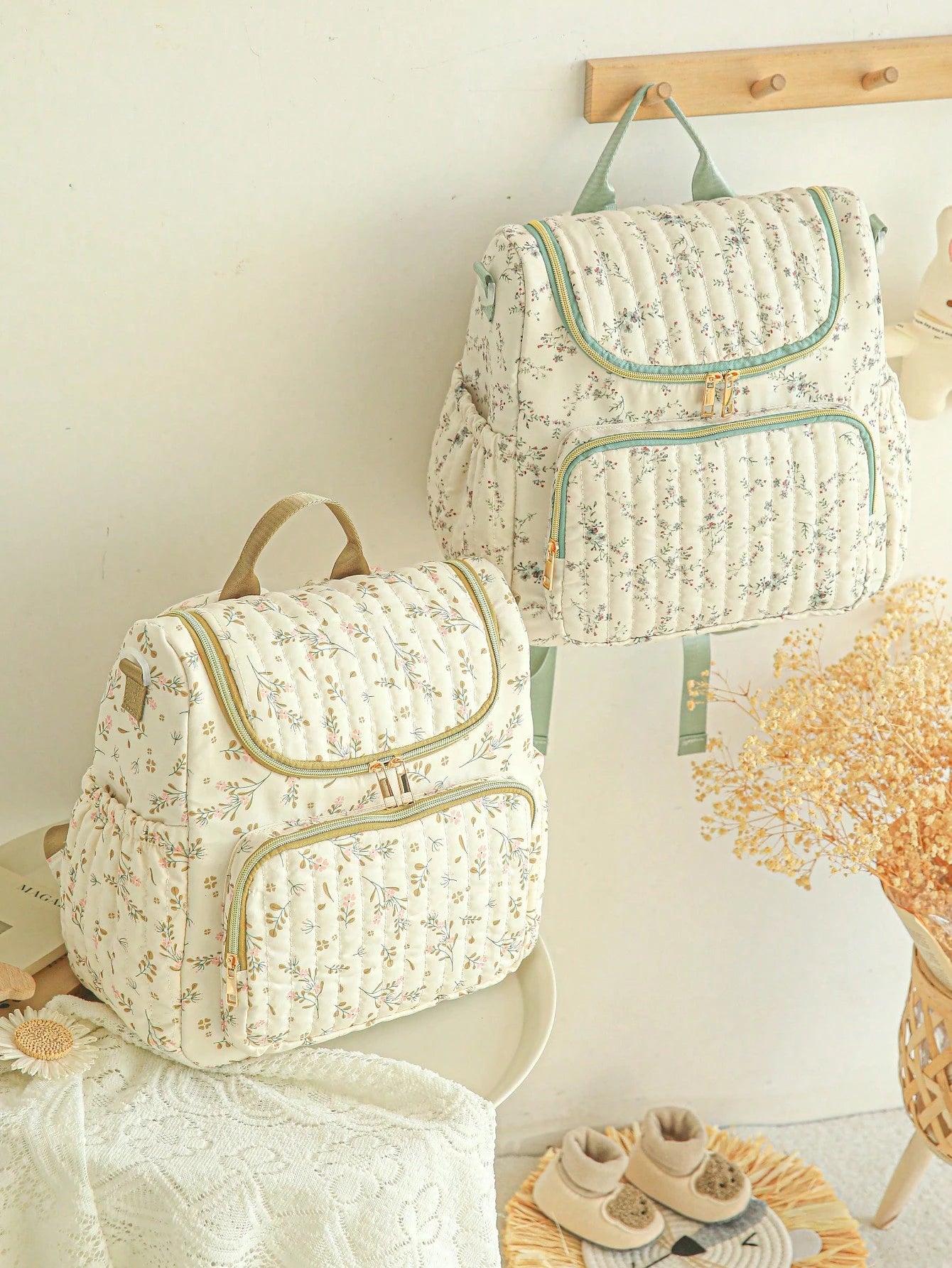 1pc Ditsy Floral Multi-Functional Large Capacity Diaper Bag Backpack, Can Be Hung On Stroller, Baby Shower Gift
