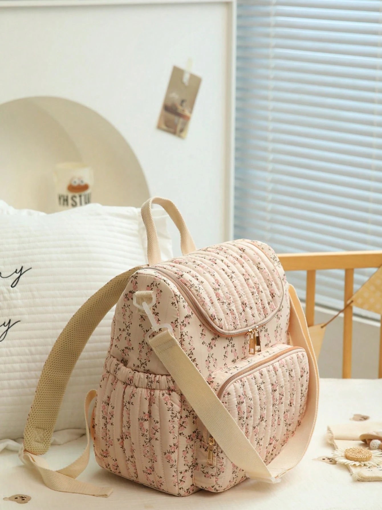 1pc Ditsy Floral Multi-Functional Large Capacity Diaper Bag Backpack, Can Be Hung On Stroller, Baby Shower Gift