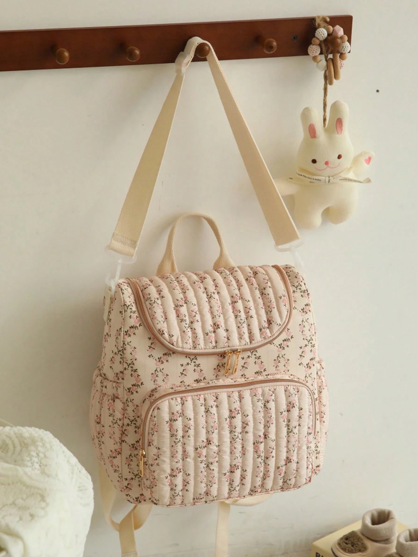 1pc Ditsy Floral Multi-Functional Large Capacity Diaper Bag Backpack, Can Be Hung On Stroller, Baby Shower Gift