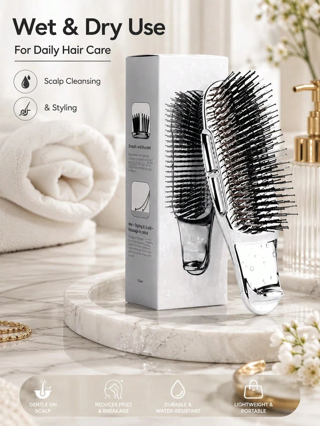 1pc Electroplated Massage Comb, Wet/Dry Hair Dual-Use Comb, Easily Detangle Hair, Scalp Massage Comb With Flexible Bristles, Suitable For Blow Drying And Straightening Hair, Including Thick/Curly/Thin