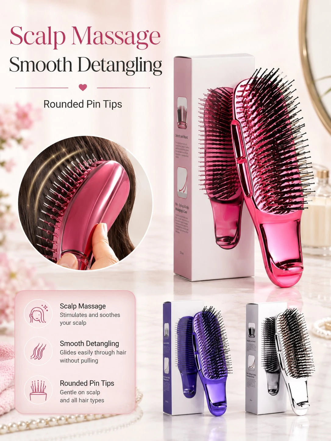 1pc Electroplated Massage Comb, Wet/Dry Hair Dual-Use Comb, Easily Detangle Hair, Scalp Massage Comb With Flexible Bristles, Suitable For Blow Drying And Straightening Hair, Including Thick/Curly/Thin