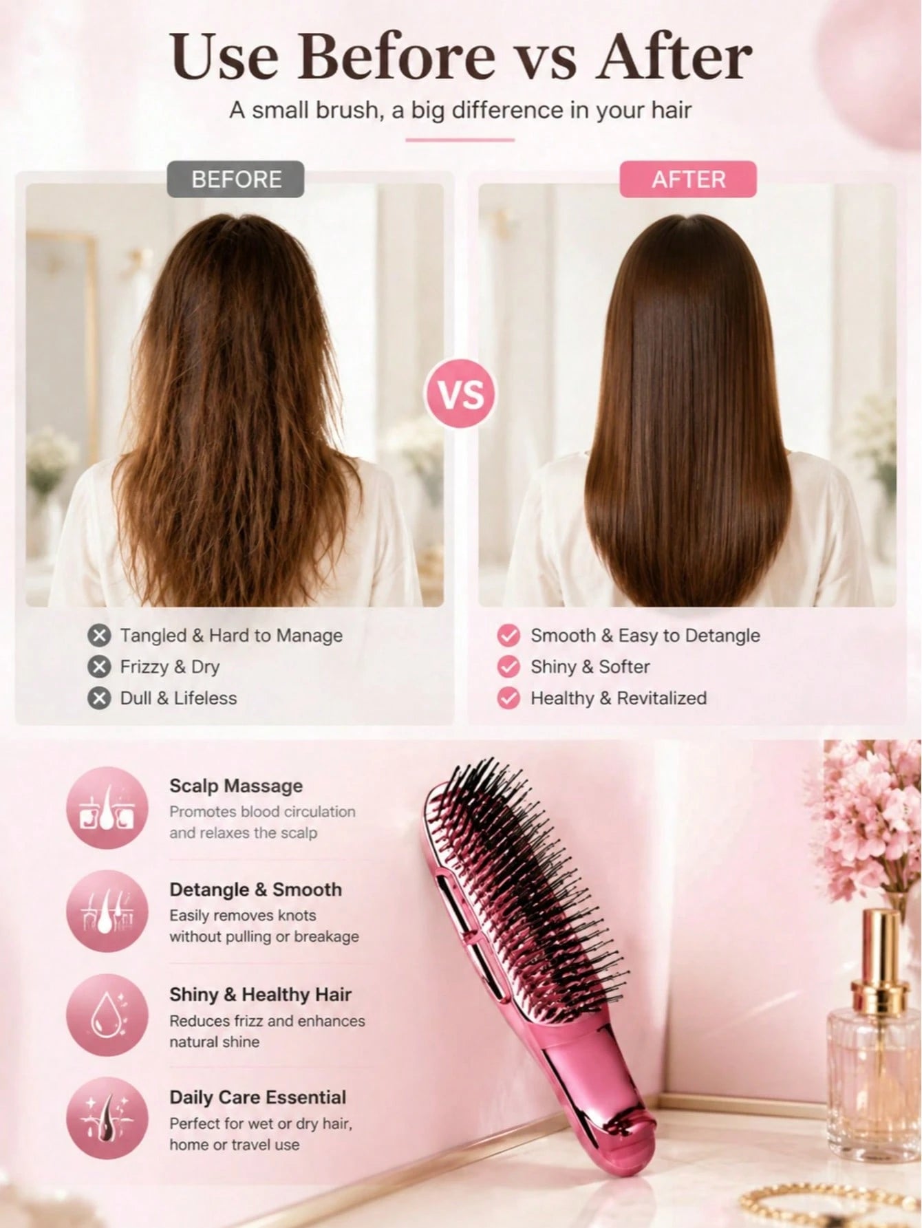 1pc Electroplated Massage Comb, Wet/Dry Hair Dual-Use Comb, Easily Detangle Hair, Scalp Massage Comb With Flexible Bristles, Suitable For Blow Drying And Straightening Hair, Including Thick/Curly/Thin