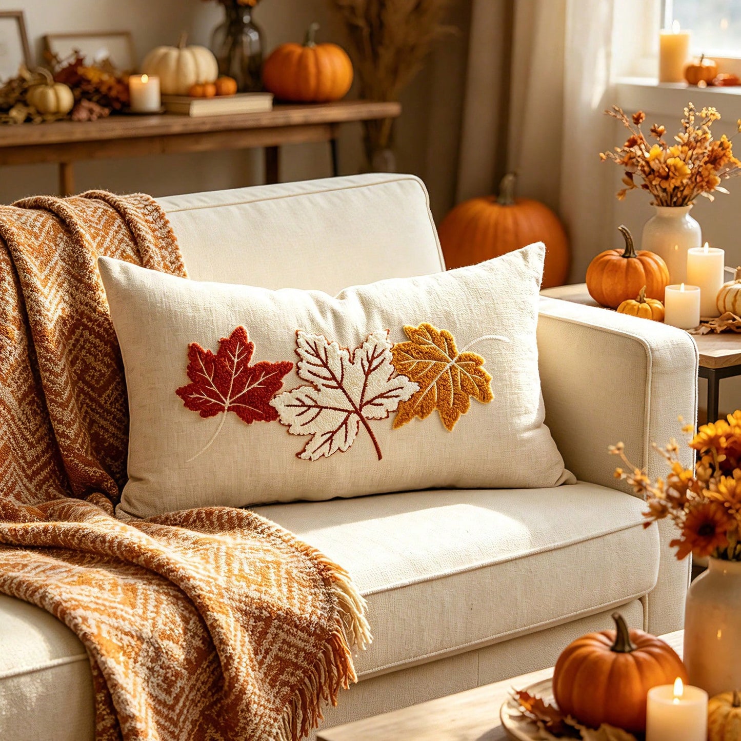 1pc Fall Maple Leaves Pumpkin Pillow Cover 12 X 20 Inch Hello Fall Embroidery Layered Throw Pillow Covers Beige Farmhouse Autumn Pillowcases For Sofa Couch Home Thanksgiving Fall Decors Autumn Decor,R