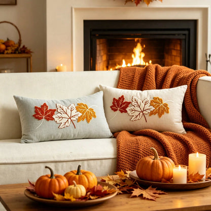 1pc Fall Maple Leaves Pumpkin Pillow Cover 12 X 20 Inch Hello Fall Embroidery Layered Throw Pillow Covers Beige Farmhouse Autumn Pillowcases For Sofa Couch Home Thanksgiving Fall Decors Autumn Decor,R
