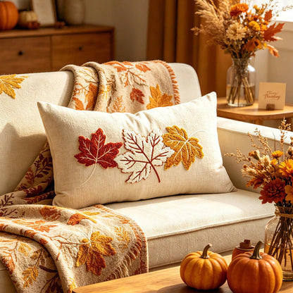 1pc Fall Maple Leaves Pumpkin Pillow Cover 12 X 20 Inch Hello Fall Embroidery Layered Throw Pillow Covers Beige Farmhouse Autumn Pillowcases For Sofa Couch Home Thanksgiving Fall Decors Autumn Decor,R