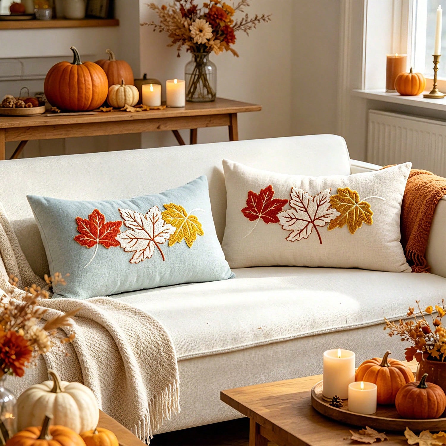 1pc Fall Maple Leaves Pumpkin Pillow Cover 12 X 20 Inch Hello Fall Embroidery Layered Throw Pillow Covers Beige Farmhouse Autumn Pillowcases For Sofa Couch Home Thanksgiving Fall Decors Autumn Decor,R